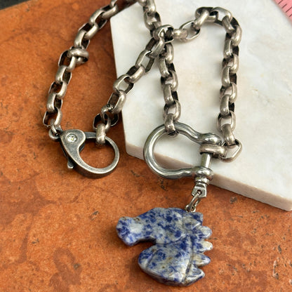 Silver Large Cut Lapis Horse Head Shackle Large Link Cable Necklace 18''