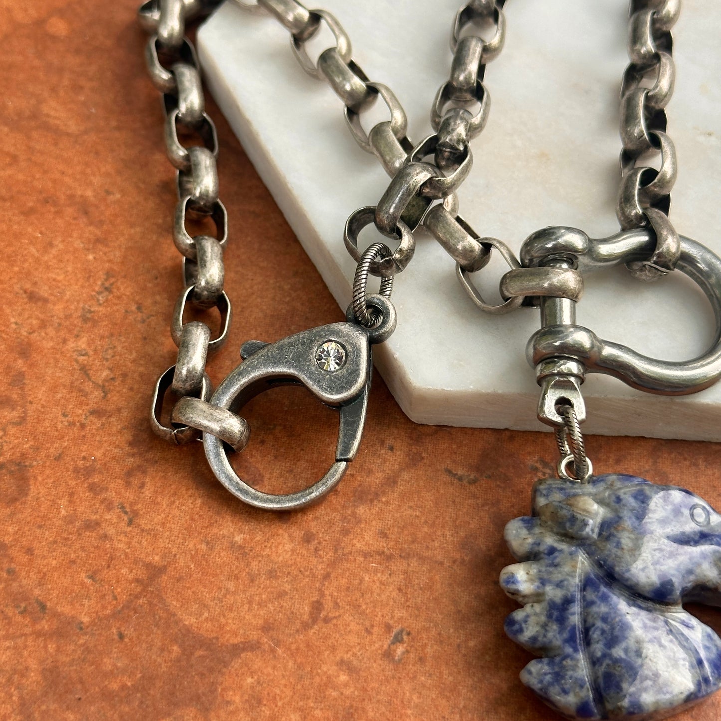 Silver Large Cut Lapis Horse Head Shackle Large Link Cable Necklace 18''