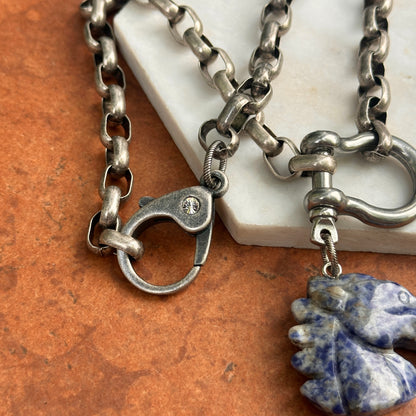 Silver Large Cut Lapis Horse Head Shackle Large Link Cable Necklace 18''