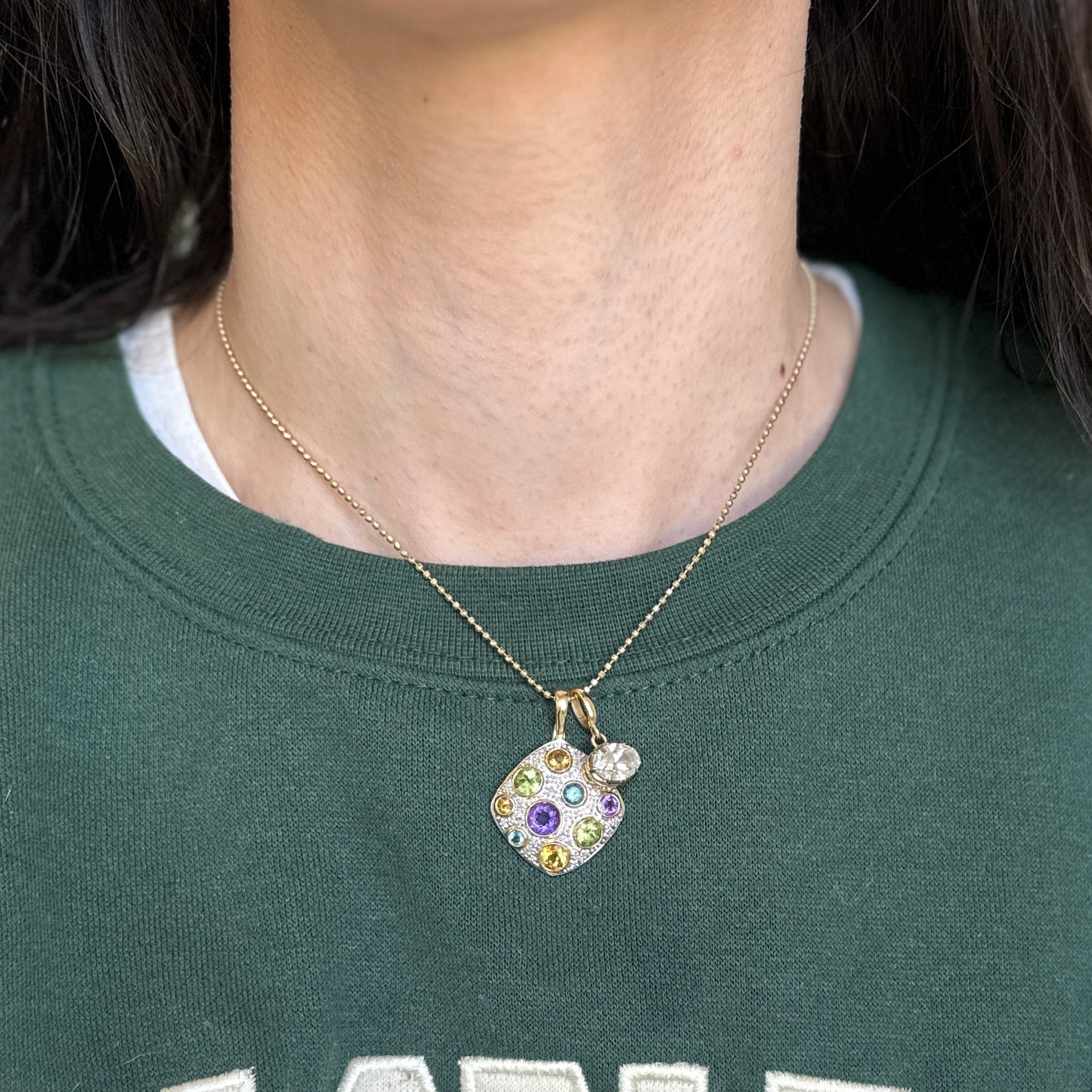 Estate 14KT Yellow + White Gold Round Citrine Amethyst Blue Topaz Textured Pendant Enhancer