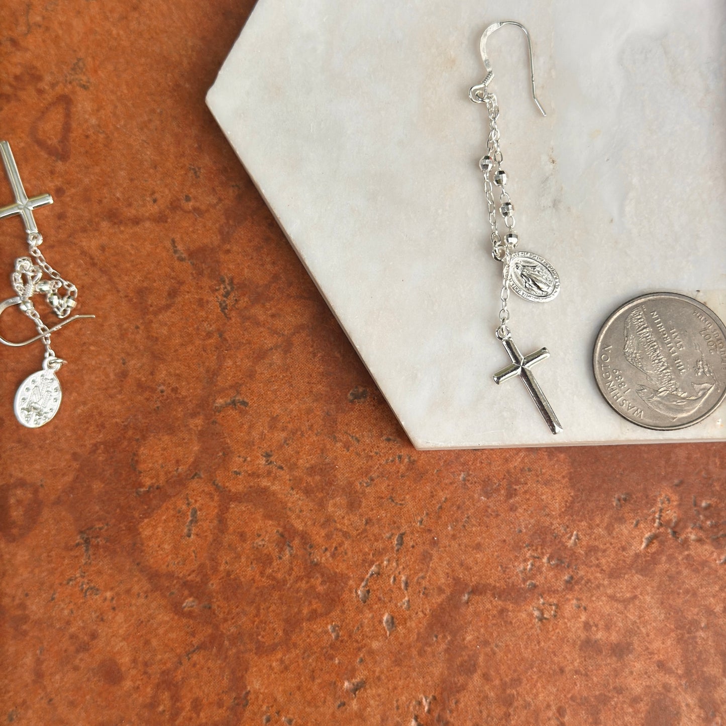 Sterling Silver Miraculous Medal Cross Dangle Earrings