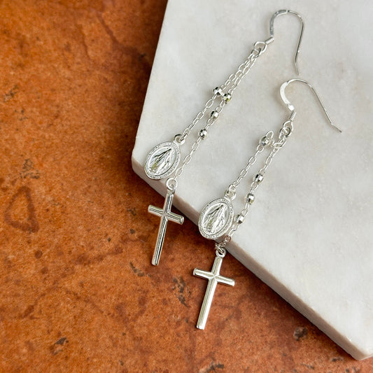 Sterling Silver Miraculous Medal Cross Dangle Earrings