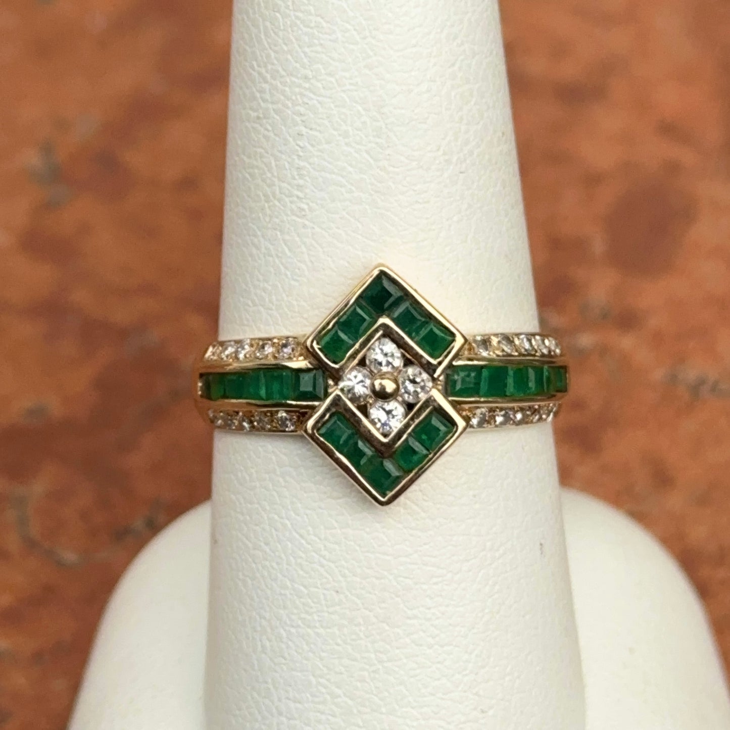 Estate 14KT Yellow Gold Square Emerald + Diamond Ring