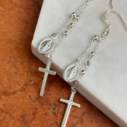 Sterling Silver Miraculous Medal Cross Dangle Earrings