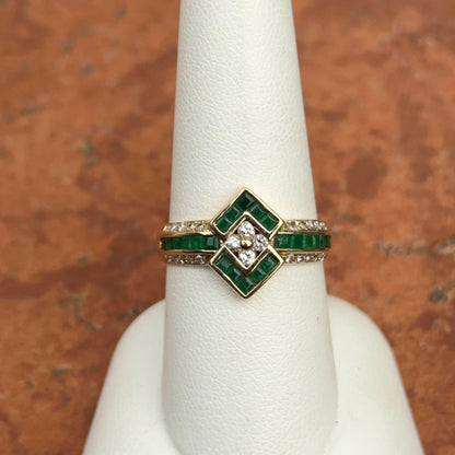 Estate 14KT Yellow Gold Square Emerald + Diamond Ring