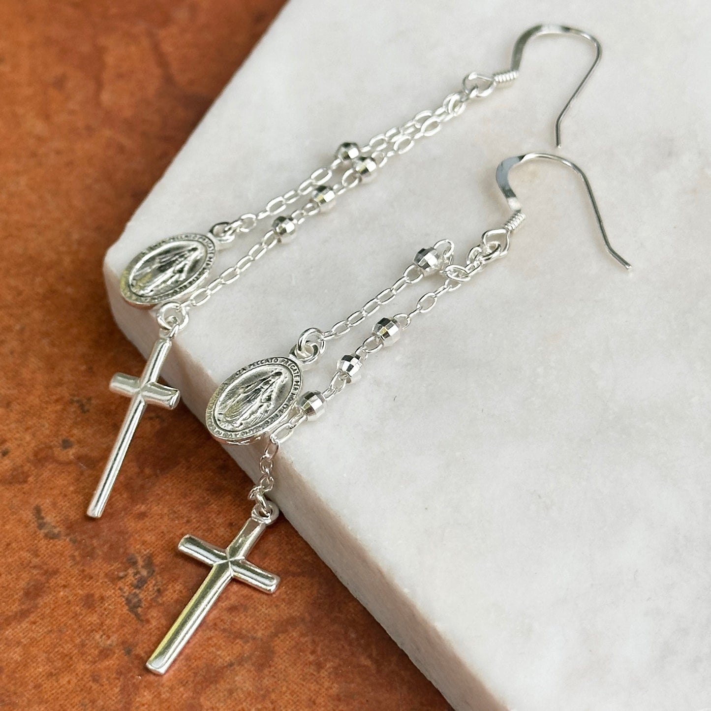 Sterling Silver Miraculous Medal Cross Dangle Earrings