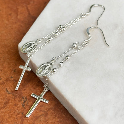 Sterling Silver Miraculous Medal Cross Dangle Earrings
