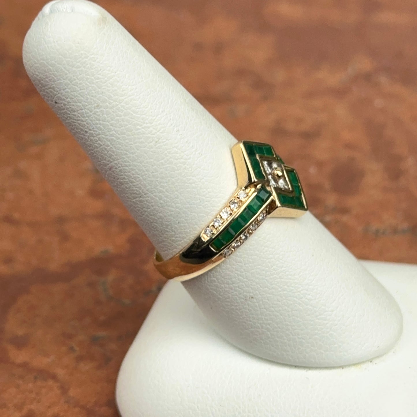 Estate 14KT Yellow Gold Square Emerald + Diamond Ring