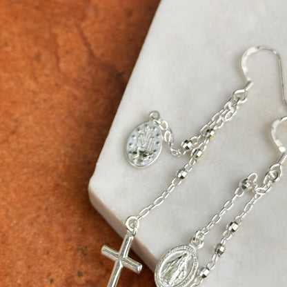 Sterling Silver Miraculous Medal Cross Dangle Earrings