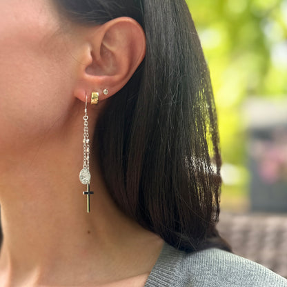 Sterling Silver Miraculous Medal Cross Dangle Earrings