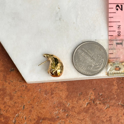 18KT Yellow Gold Tapered + Puffed Hammered Teardrop Post Earrings