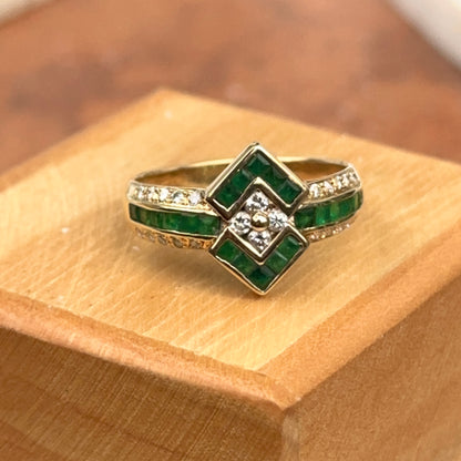 Estate 14KT Yellow Gold Square Emerald + Diamond Ring