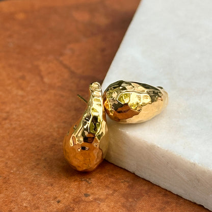 18KT Yellow Gold Tapered + Puffed Hammered Teardrop Post Earrings