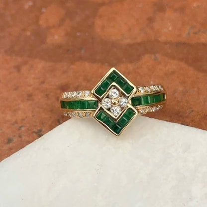 Estate 14KT Yellow Gold Square Emerald + Diamond Ring