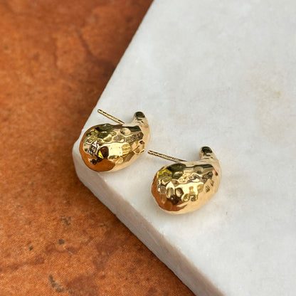 18KT Yellow Gold Tapered + Puffed Hammered Teardrop Post Earrings