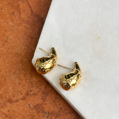 18KT Yellow Gold Tapered + Puffed Hammered Teardrop Post Earrings