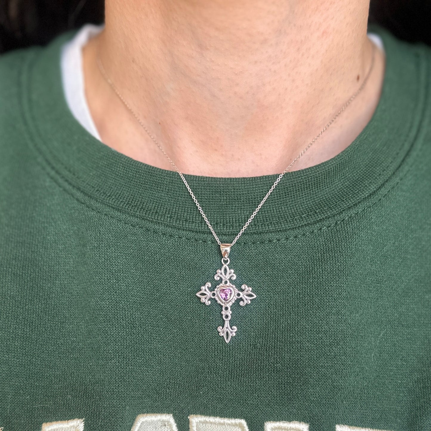 Sterling Silver Ornate Amethyst Heart Cross Pendant