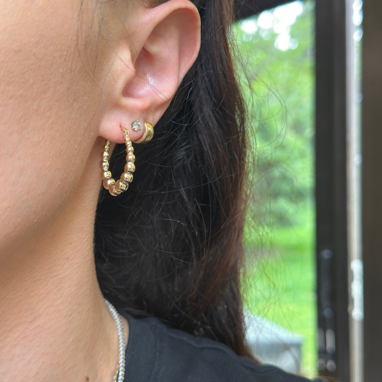 14KT Yellow Gold Graduated Puffed Bead Hoop Earrings 25mm