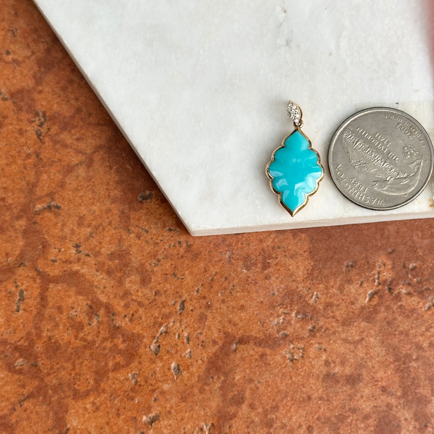 14KT Yellow Gold Unique Shape Turquoise + Round Diamond Kabana Pendant 054