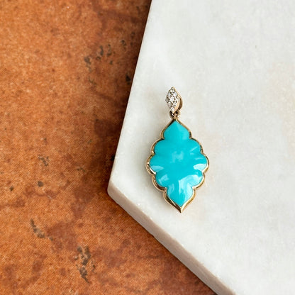 14KT Yellow Gold Unique Shape Turquoise + Round Diamond Kabana Pendant 054