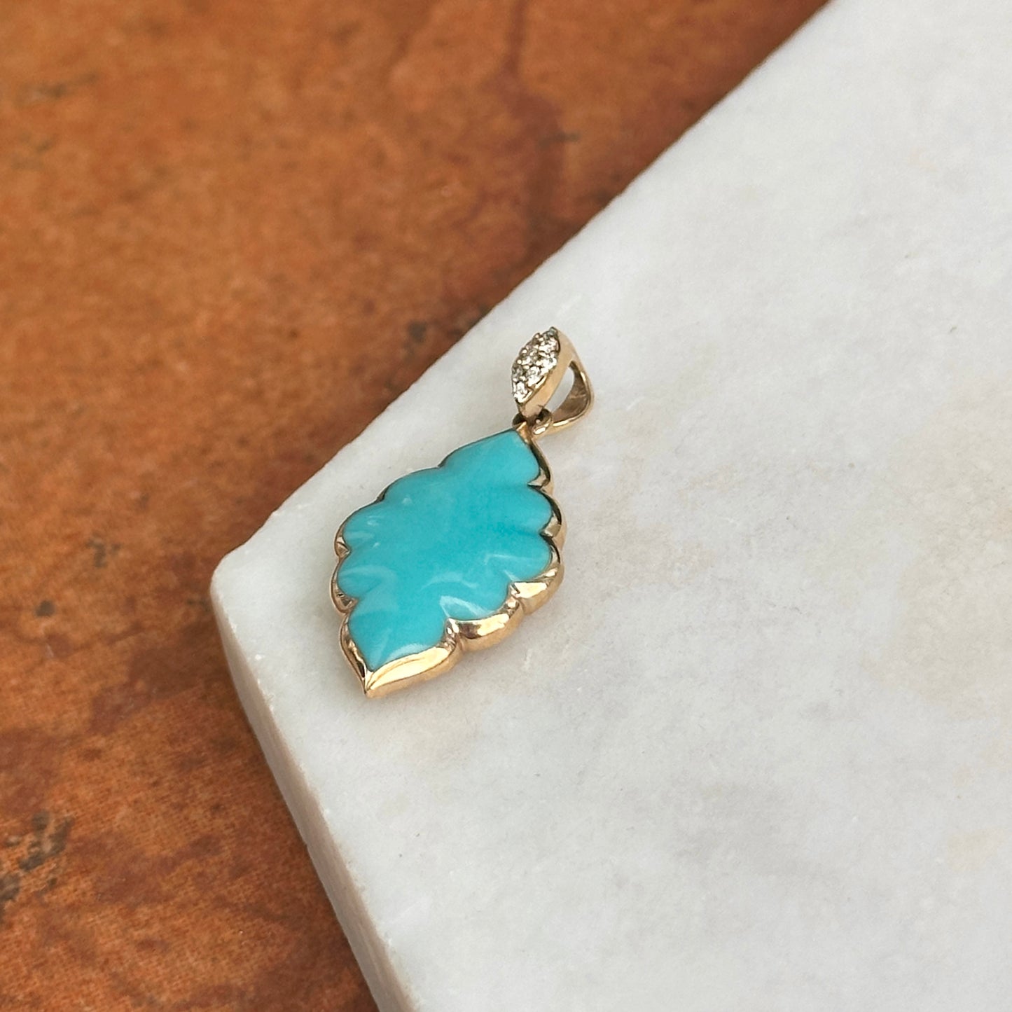 14KT Yellow Gold Unique Shape Turquoise + Round Diamond Kabana Pendant 054
