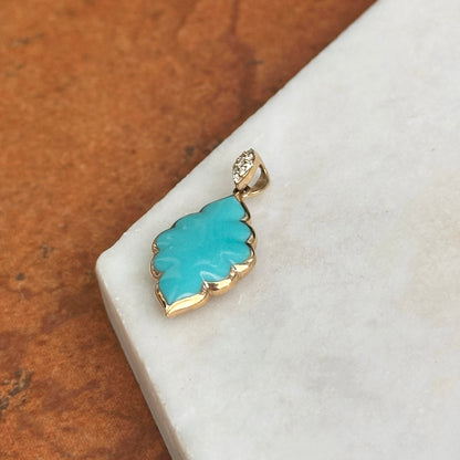 14KT Yellow Gold Unique Shape Turquoise + Round Diamond Kabana Pendant 054
