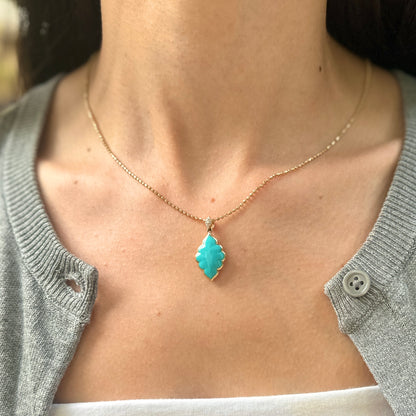 14KT Yellow Gold Unique Shape Turquoise + Round Diamond Kabana Pendant 054