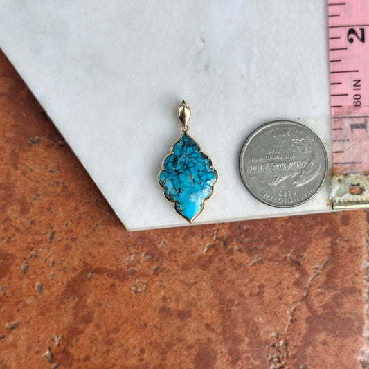14KT Yellow Gold Kabana Unique Shape Kingman Spiderweb Turquoise Pendant 052