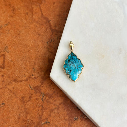14KT Yellow Gold Kabana Unique Shape Kingman Spiderweb Turquoise Pendant 052