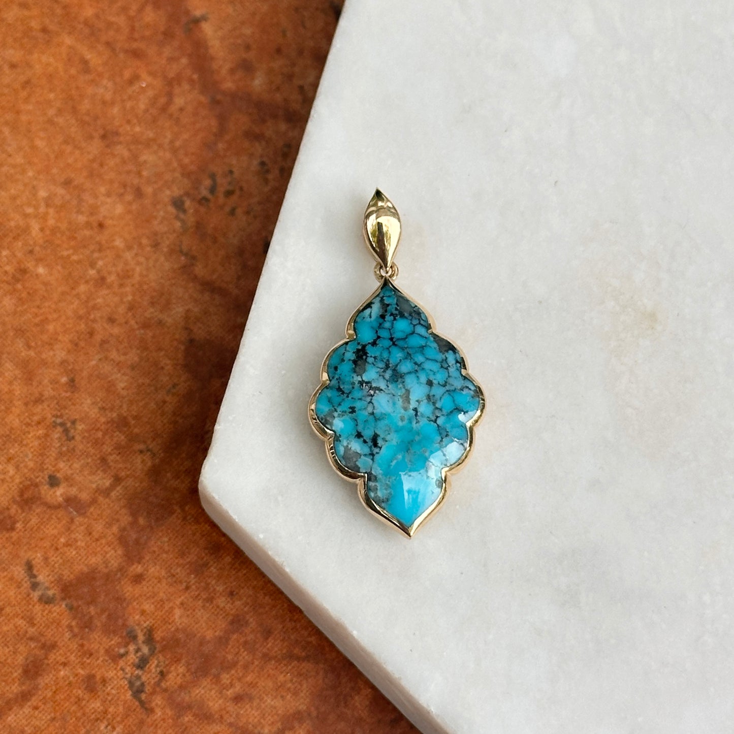 14KT Yellow Gold Kabana Unique Shape Kingman Spiderweb Turquoise Pendant 052