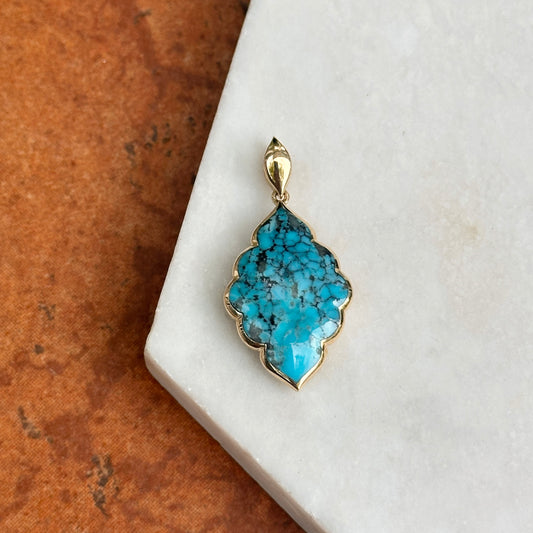14KT Yellow Gold Kabana Unique Shape Kingman Spiderweb Turquoise Pendant 052
