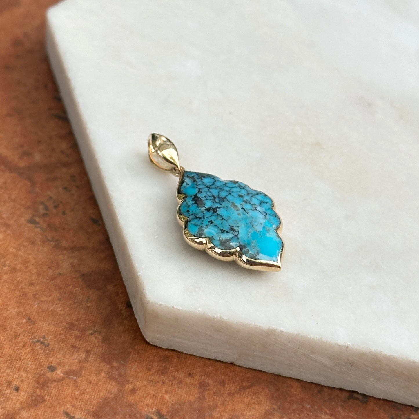 14KT Yellow Gold Kabana Unique Shape Kingman Spiderweb Turquoise Pendant 052