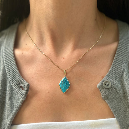 14KT Yellow Gold Kabana Unique Shape Kingman Spiderweb Turquoise Pendant 052