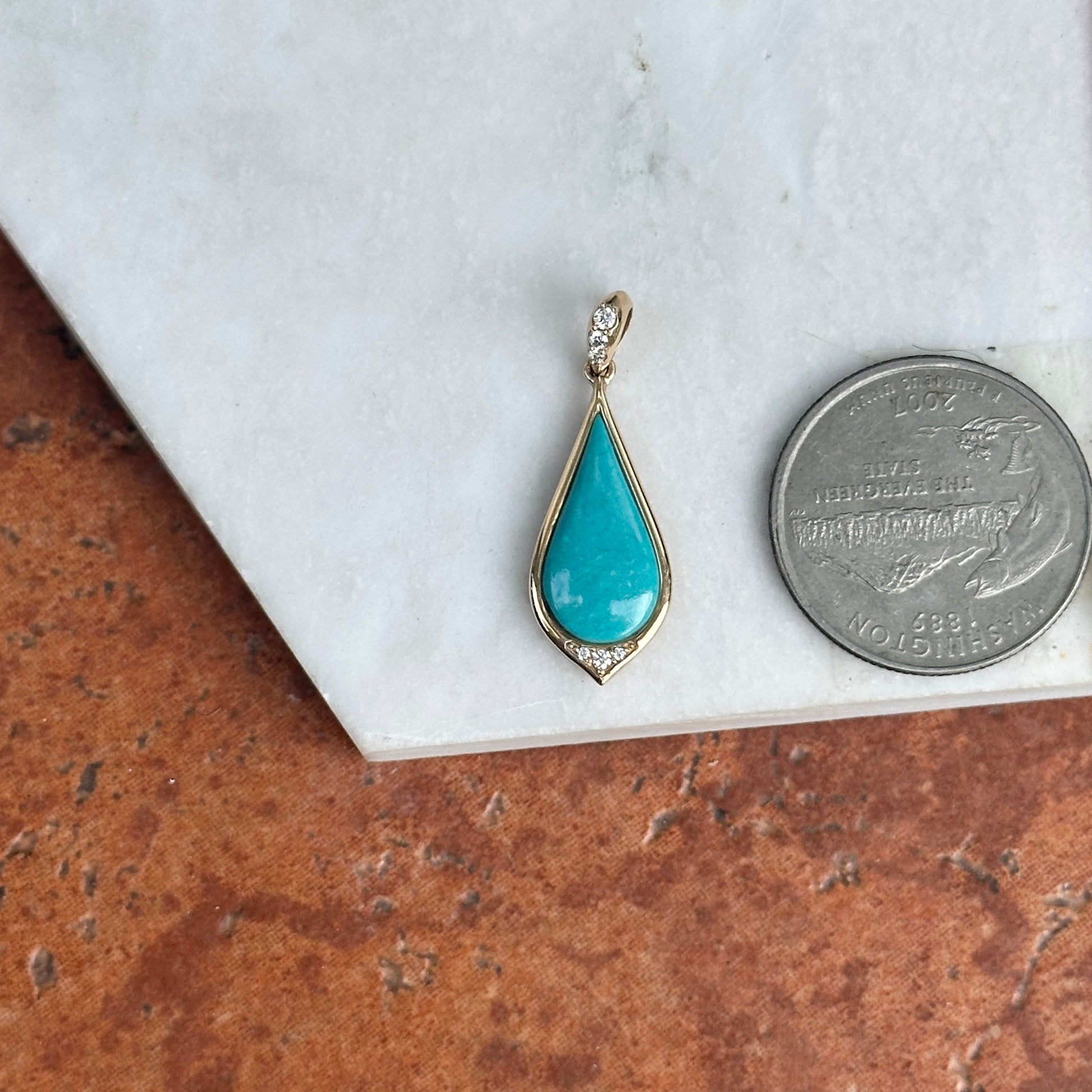 14KT Yellow Gold Kabana Tear Drop Turquoise and Round Diamond Pendant - LSJ
