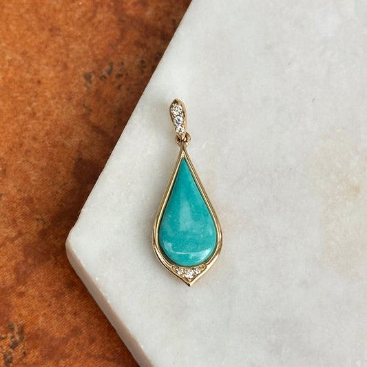 14KT Yellow Gold Kabana Tear Drop Turquoise and Round Diamond Pendant 053