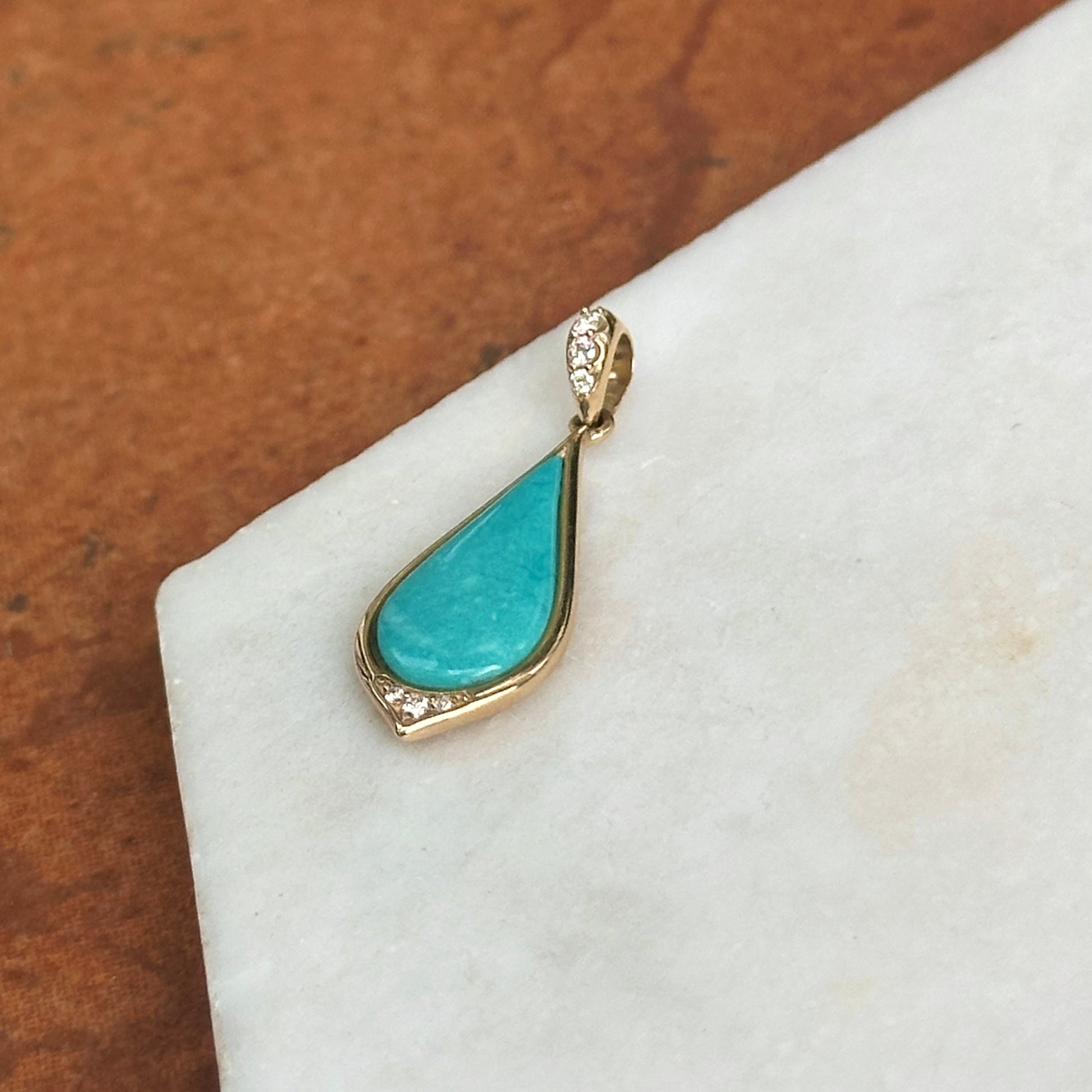 14KT Yellow Gold Kabana Tear Drop Turquoise and Round Diamond Pendant - LSJ