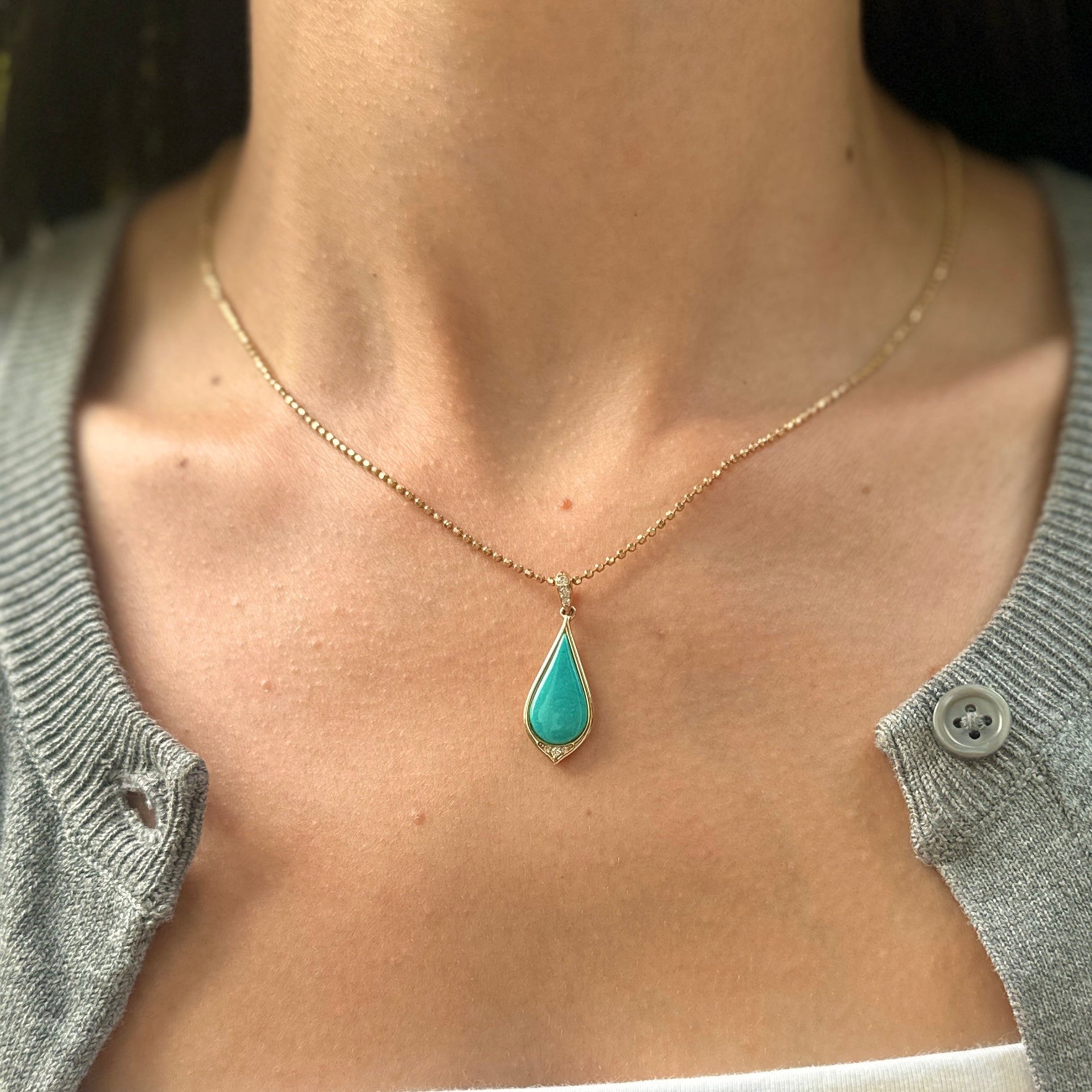 14KT Yellow Gold Kabana Tear Drop Turquoise and Round Diamond Pendant - LSJ
