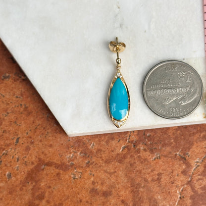 14KT Yellow Gold Kabana Tear Drop Turquoise + Round Diamond Drop Earrings