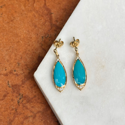 14KT Yellow Gold Kabana Tear Drop Turquoise + Round Diamond Drop Earrings