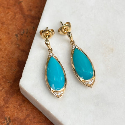 14KT Yellow Gold Kabana Tear Drop Turquoise + Round Diamond Drop Earrings