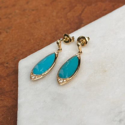 14KT Yellow Gold Kabana Tear Drop Turquoise + Round Diamond Drop Earrings