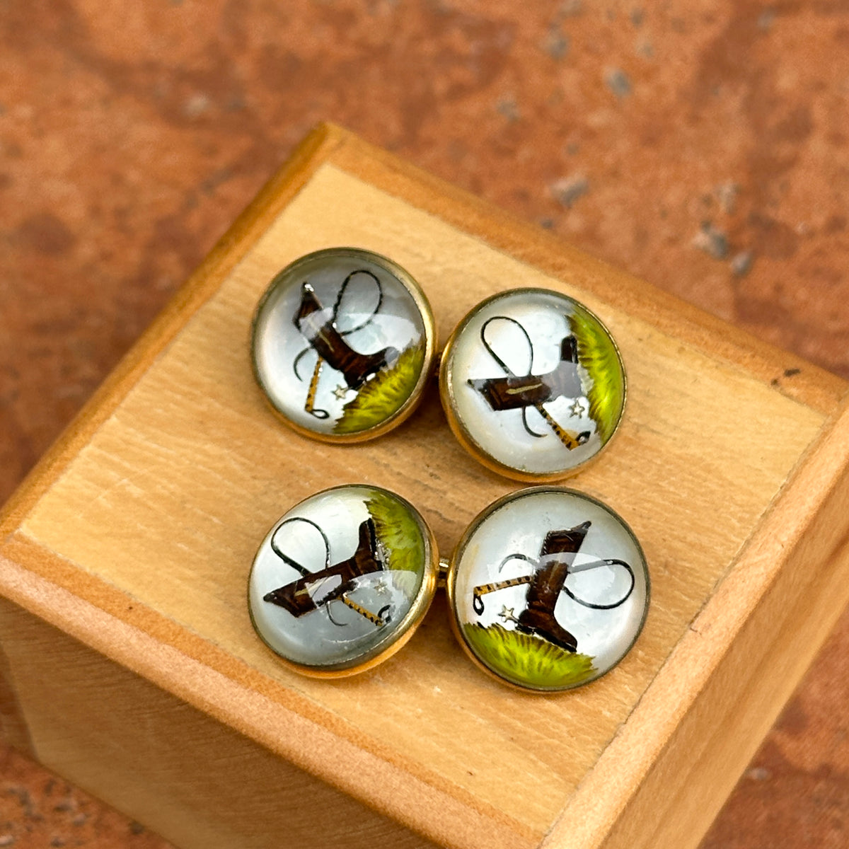 Estate Gold-Tone Painted Horse Cuff Links