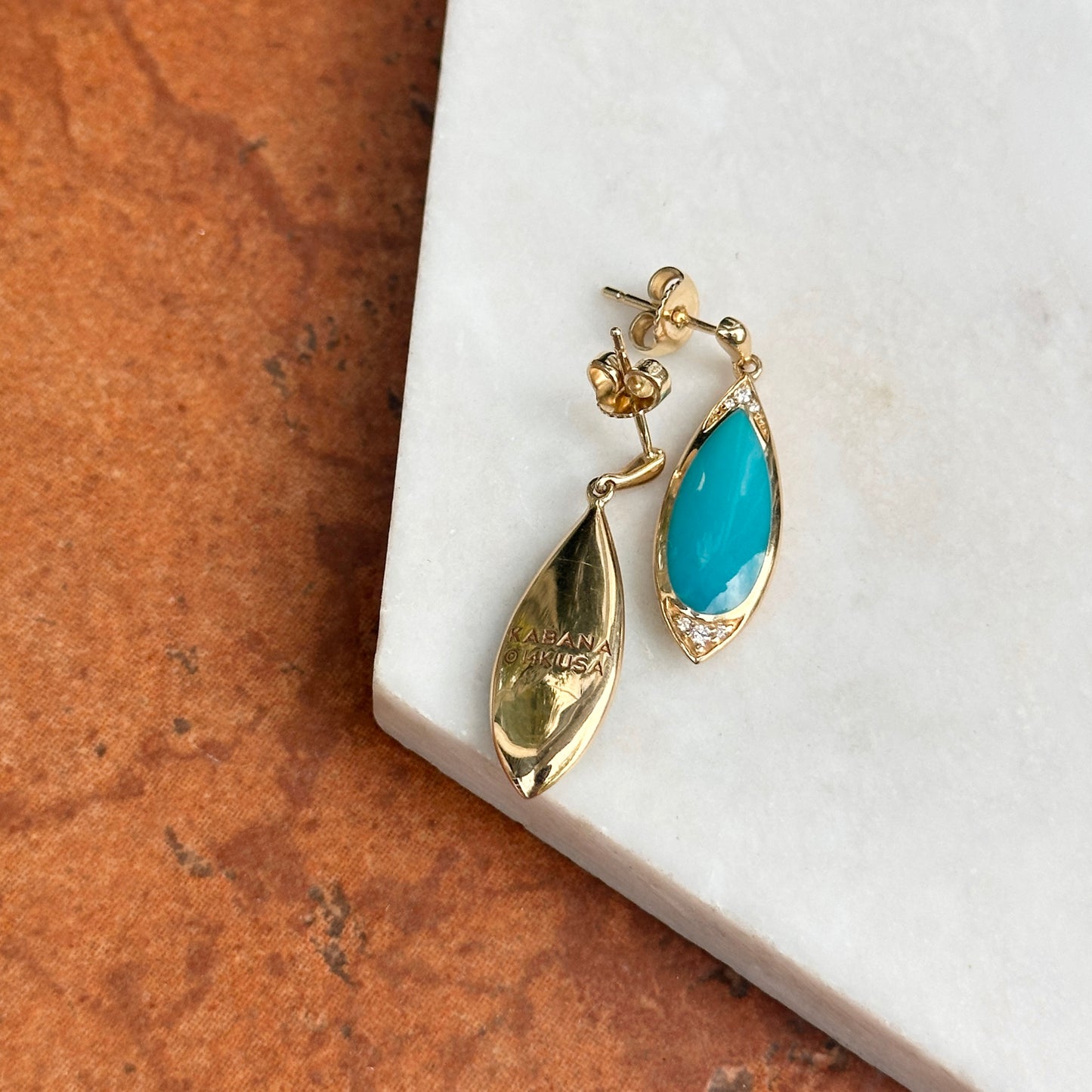 14KT Yellow Gold Kabana Tear Drop Turquoise + Round Diamond Drop Earrings