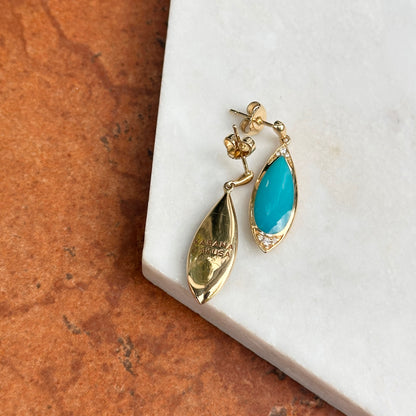 14KT Yellow Gold Kabana Tear Drop Turquoise + Round Diamond Drop Earrings