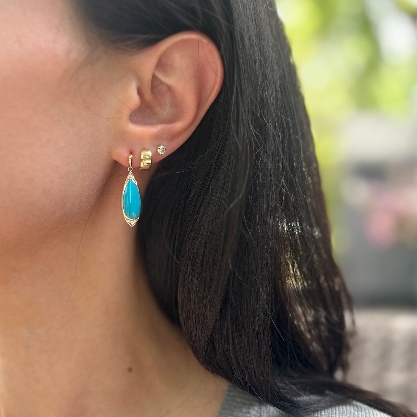 14KT Yellow Gold Kabana Tear Drop Turquoise + Round Diamond Drop Earrings