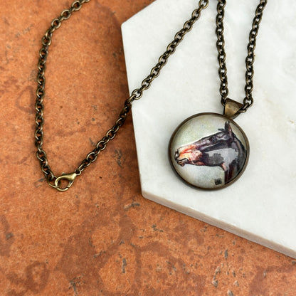 Estate Bronze Painted Horse Pendant Necklace 19.5"