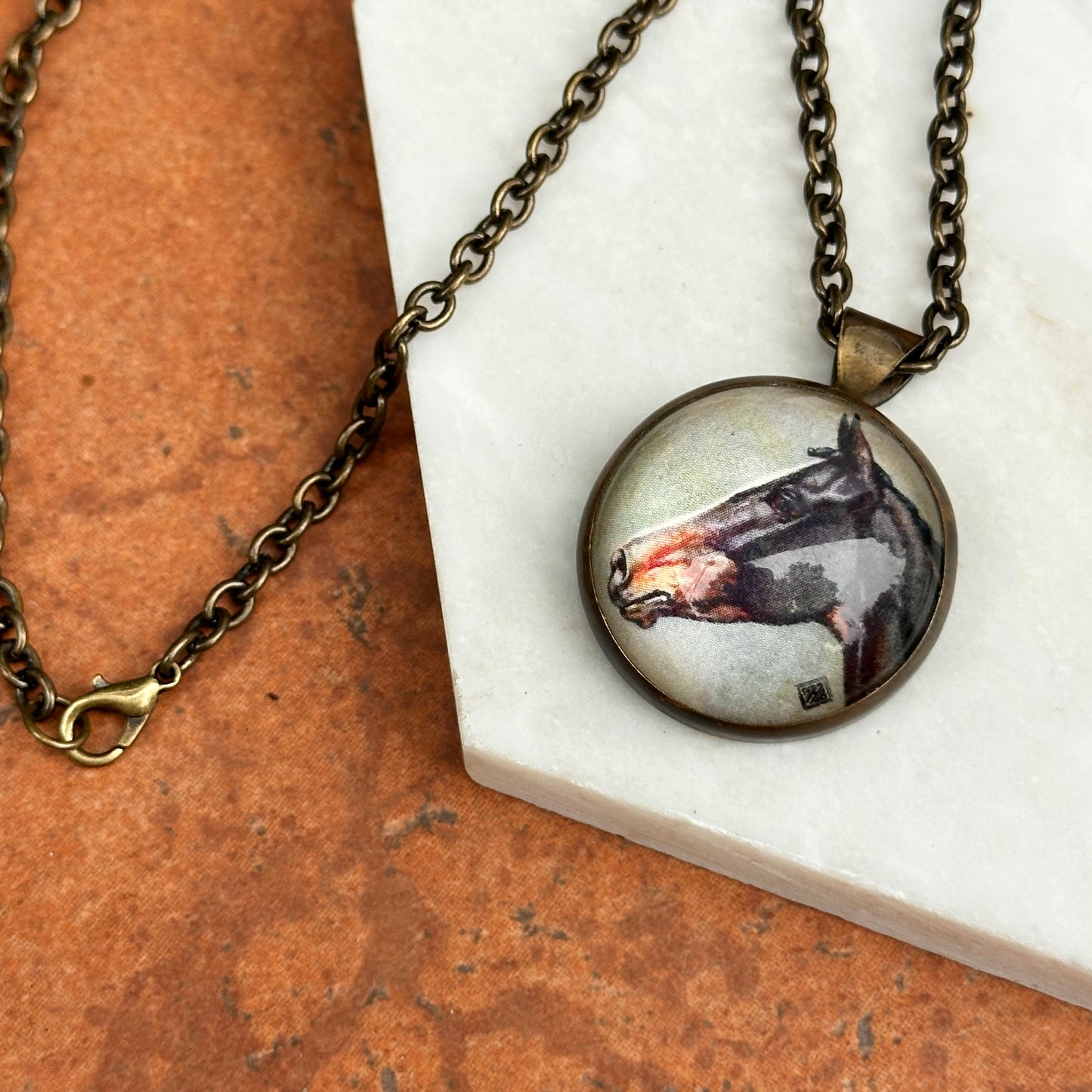 Estate Bronze Painted Horse Pendant Necklace 19.5"