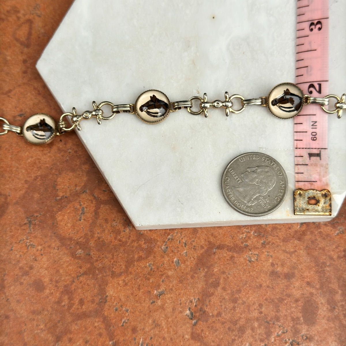Estate Gold-Tone Painted Horse Head Bubble Stirrup Link Bracelet
