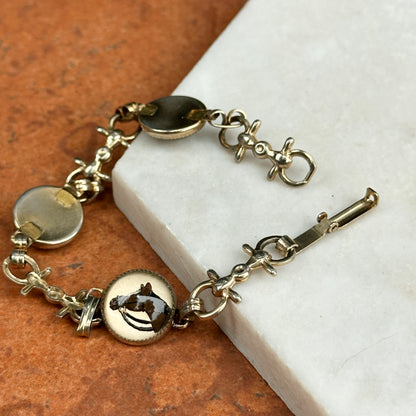 Estate Gold-Tone Painted Horse Head Bubble Stirrup Link Bracelet