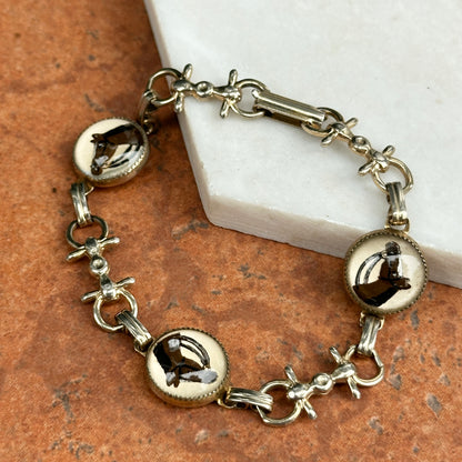 Estate Gold-Tone Painted Horse Head Bubble Stirrup Link Bracelet